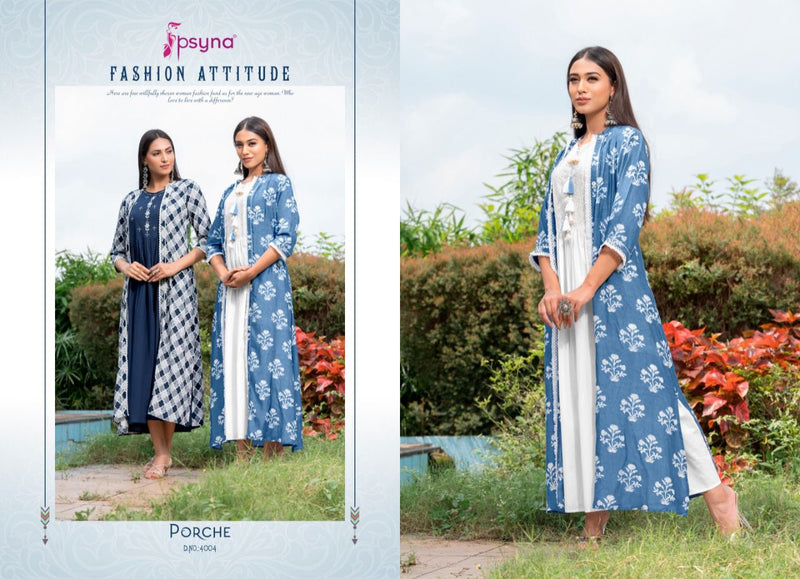 Psyna Porche Vol 4 Rayon Fancy Stylish Party Wear Kurtis With Shrug