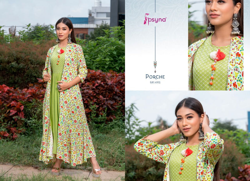 Psyna Porche Vol 4 Rayon Fancy Stylish Party Wear Kurtis With Shrug