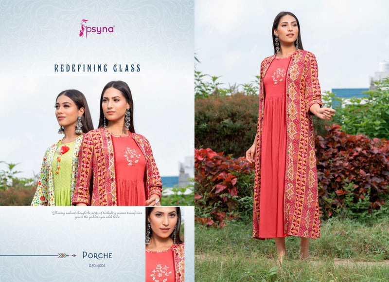 Psyna Porche Vol 4 Rayon Fancy Stylish Party Wear Kurtis With Shrug