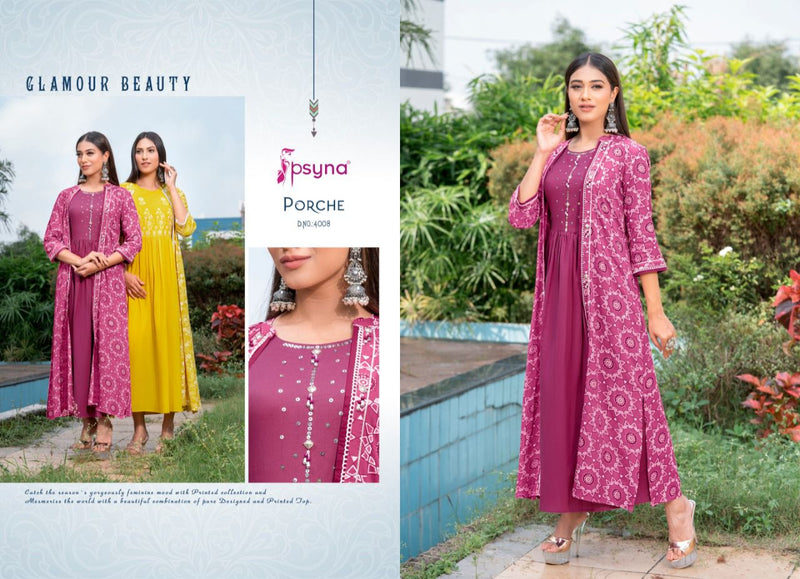 Psyna Porche Vol 4 Rayon Fancy Stylish Party Wear Kurtis With Shrug