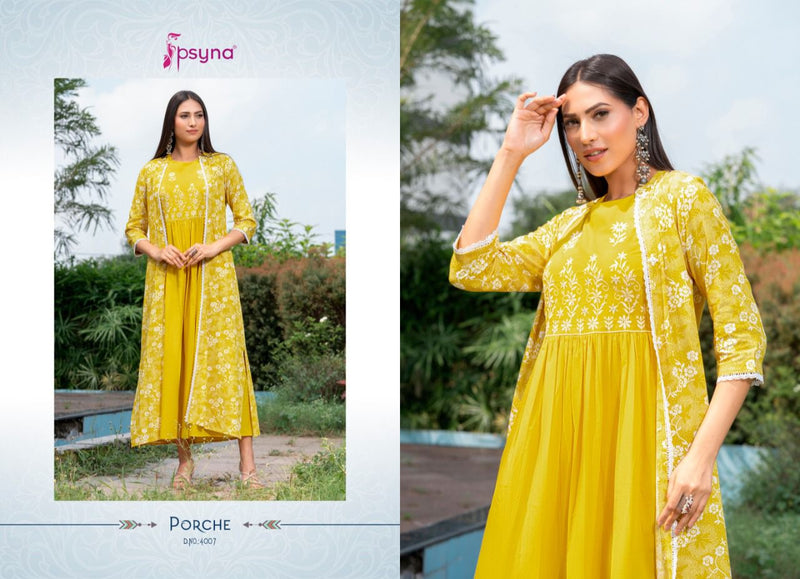 Psyna Porche Vol 4 Rayon Fancy Stylish Party Wear Kurtis With Shrug