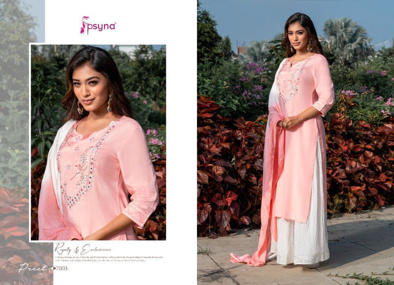 Psyna Preet Vol 7 Viscose Silk Designer Style Fancy Stylish Party Wear Embroidered Kurtis With  Set Of Dupatta & Bottom