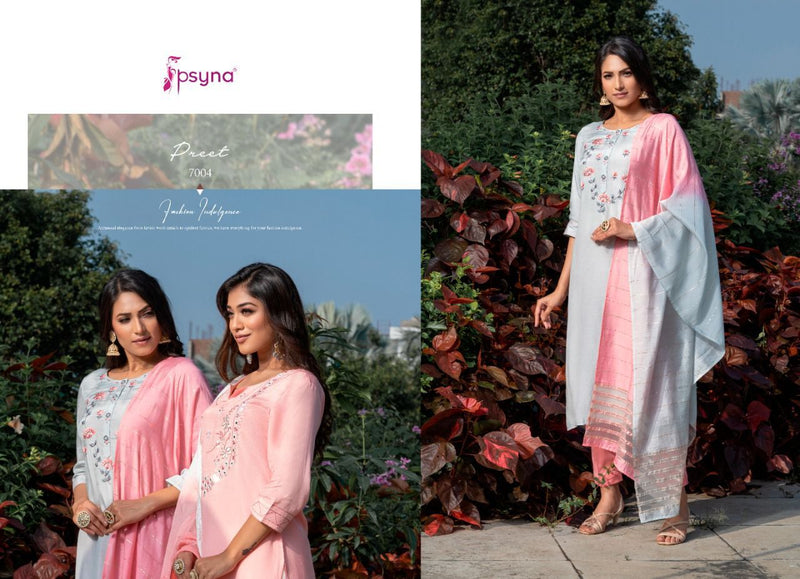 Psyna Preet Vol 7 Viscose Silk Designer Style Fancy Stylish Party Wear Embroidered Kurtis With  Set Of Dupatta & Bottom