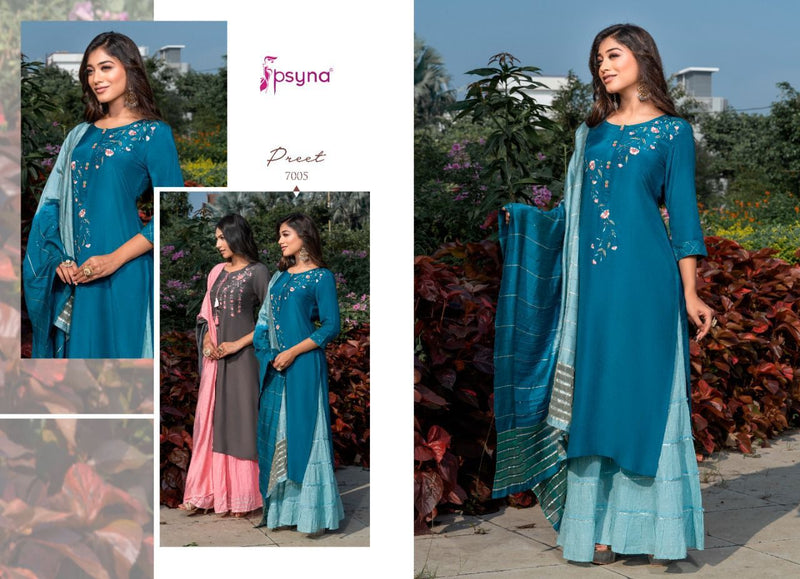 Psyna Preet Vol 7 Viscose Silk Designer Style Fancy Stylish Party Wear Embroidered Kurtis With  Set Of Dupatta & Bottom