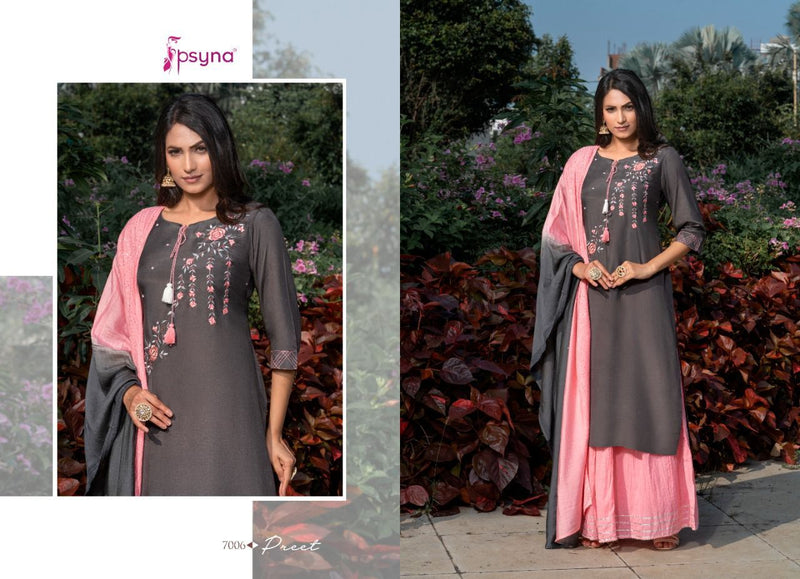 Psyna Preet Vol 7 Viscose Silk Designer Style Fancy Stylish Party Wear Embroidered Kurtis With  Set Of Dupatta & Bottom