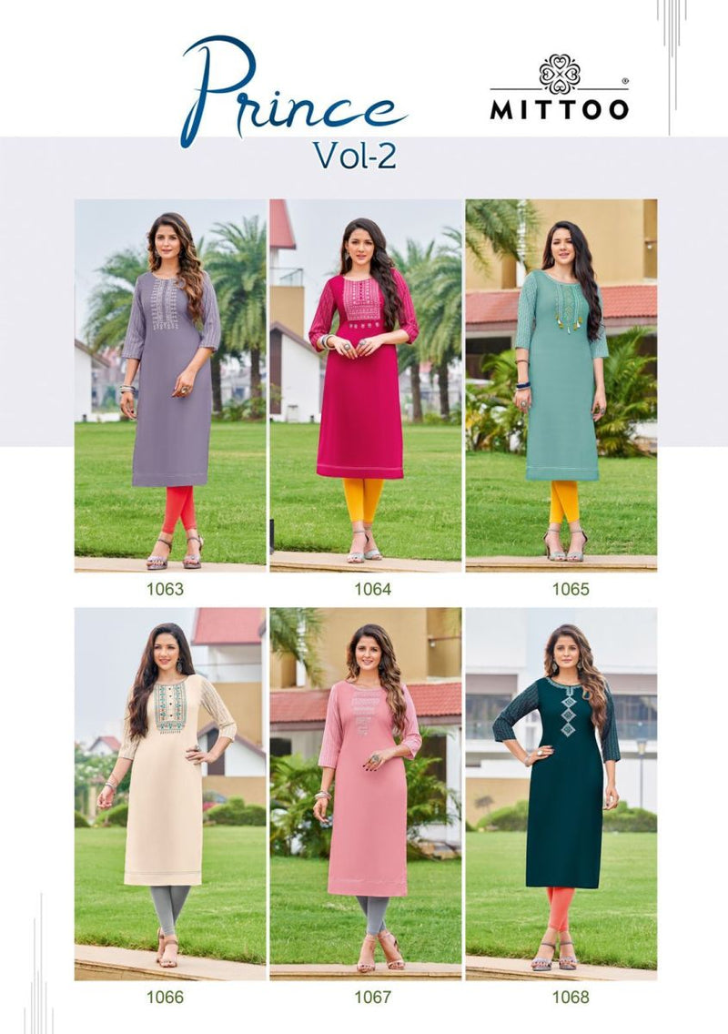 Mittoo Prince Vol 2 Rayon With Fancy Work stylish Designer Casual Wear Kurti