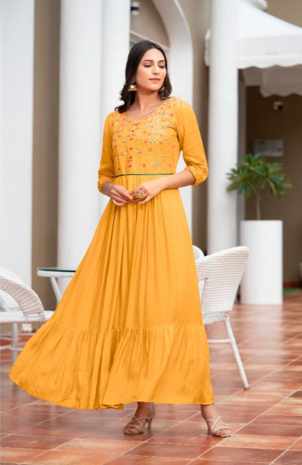 Psyna Precious Vol 3 Muslin Rayon Fancy Gown Style Party Wear Kurtis With Cotton Embroidery