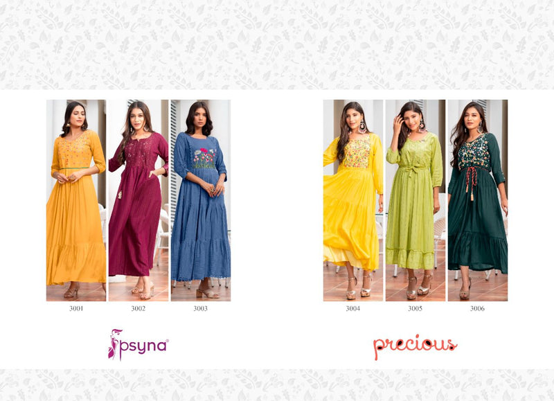 Psyna Precious Vol 3 Muslin Rayon Fancy Gown Style Party Wear Kurtis With Cotton Embroidery