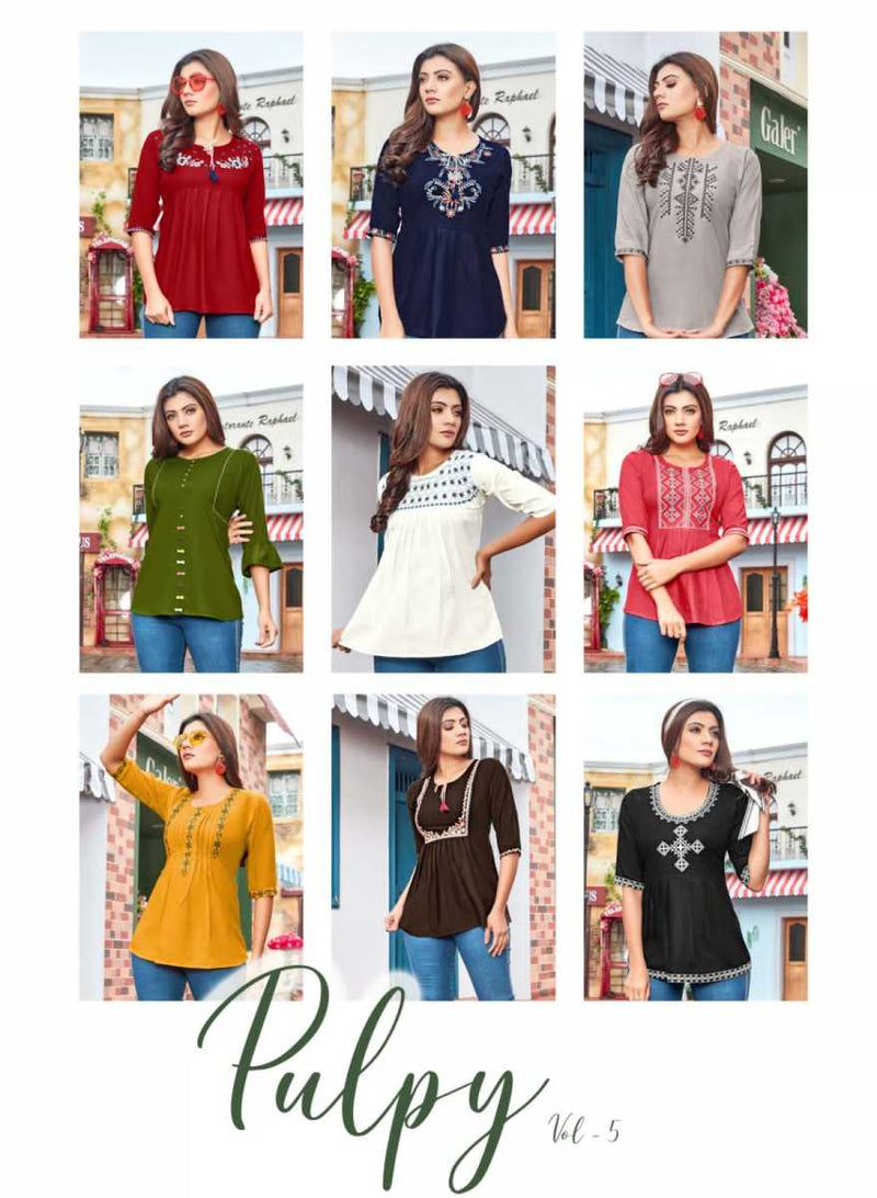 Tips And Tops Pulpy Vol 5 Rayon Slub Fancy Casual Wear Short Kurtis