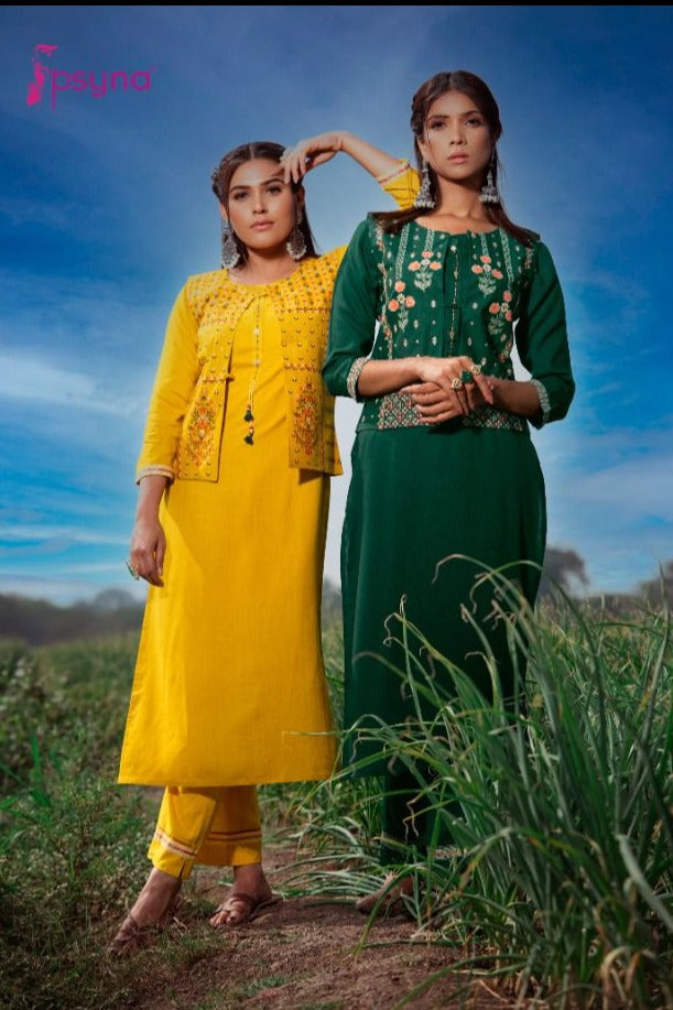 Psyna Punjabi Kudi Rayon Fancy Festive Wear Kurtis With Jacket & Bottom