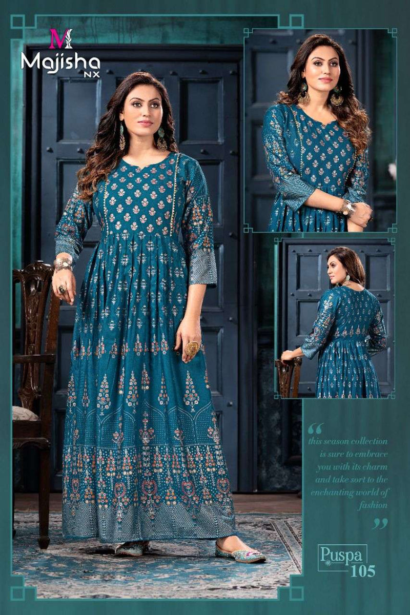 Majisha Nx Pushpa Vol 1 Rayon Fancy Stylish Long Gown Party Wear Kurtis With Royal Foil Prints