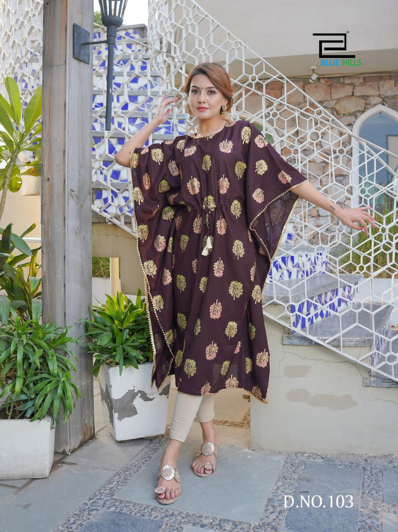 Blue Hills Pushpa Rayon Party Wear Kaftan Style Long Kurtis With Gold Print