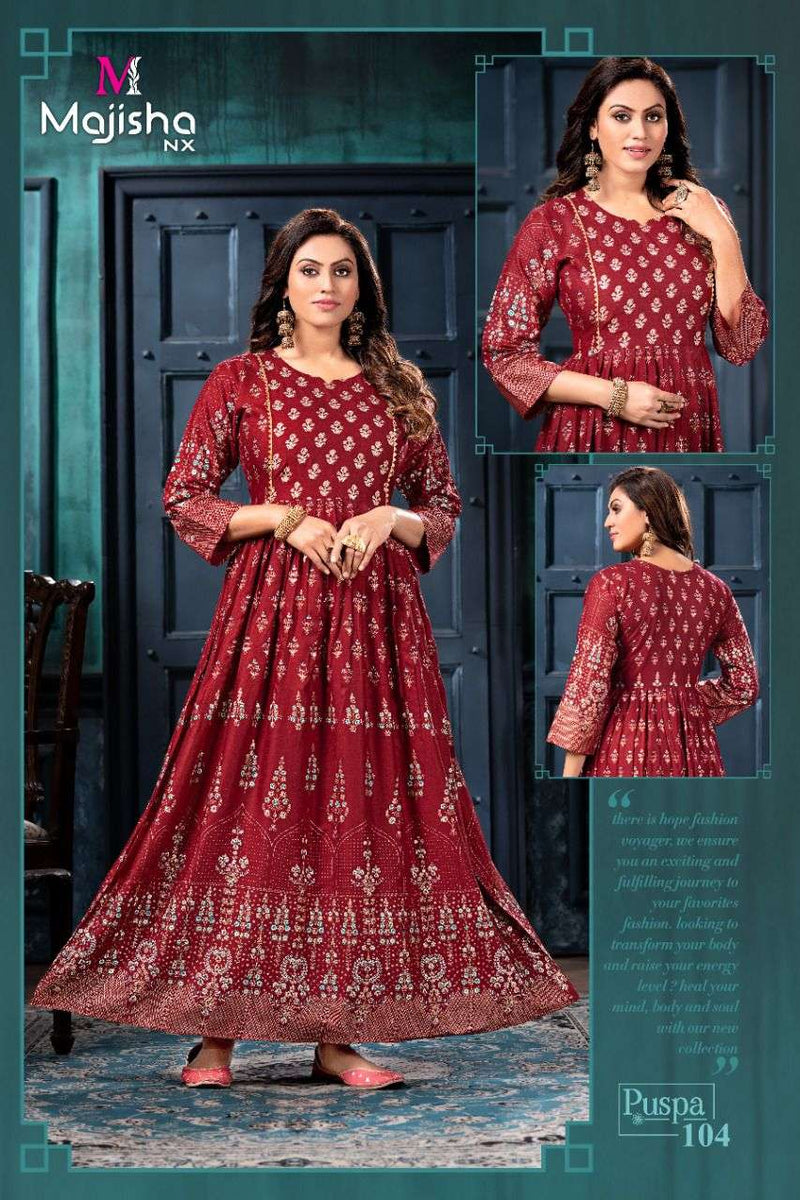 Majisha Nx Pushpa Vol 1 Rayon Fancy Stylish Long Gown Party Wear Kurtis With Royal Foil Prints