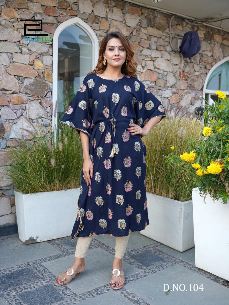 Blue Hills Pushpa Rayon Party Wear Kaftan Style Long Kurtis With Gold Print