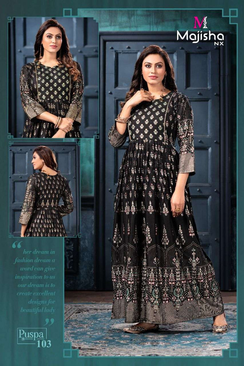 Majisha Nx Pushpa Vol 1 Rayon Fancy Stylish Long Gown Party Wear Kurtis With Royal Foil Prints