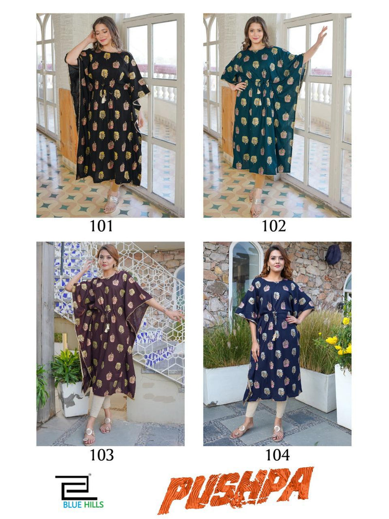 Blue Hills Pushpa Rayon Party Wear Kaftan Style Long Kurtis With Gold Print