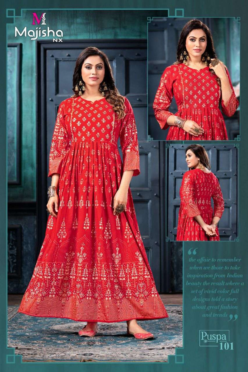 Majisha Nx Pushpa Vol 1 Rayon Fancy Stylish Long Gown Party Wear Kurtis With Royal Foil Prints
