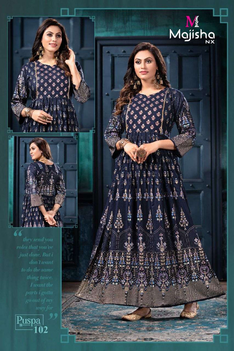 Majisha Nx Pushpa Vol 1 Rayon Fancy Stylish Long Gown Party Wear Kurtis With Royal Foil Prints