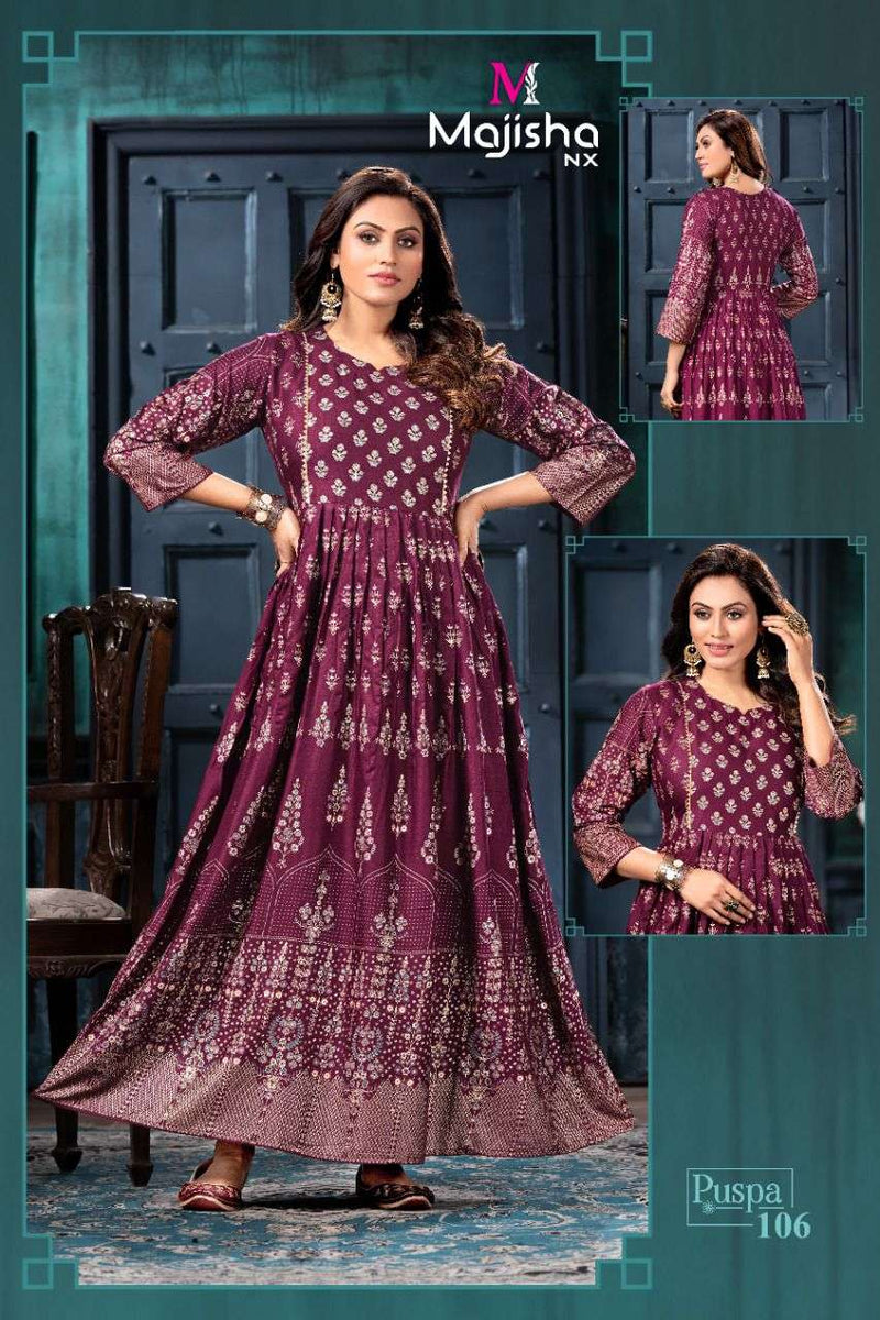 Majisha Nx Pushpa Vol 1 Rayon Fancy Stylish Long Gown Party Wear Kurtis With Royal Foil Prints