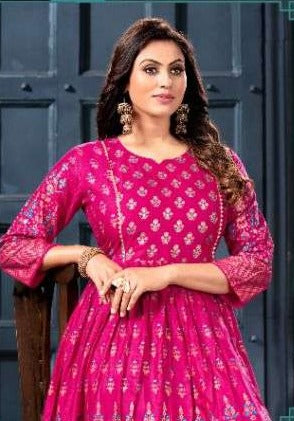 Majisha Nx Pushpa Vol 1 Rayon Fancy Stylish Long Gown Party Wear Kurtis With Royal Foil Prints