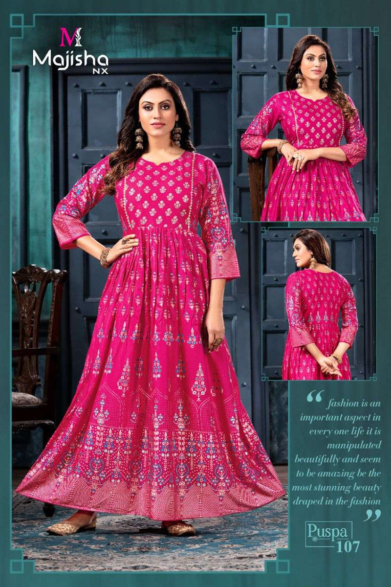 Majisha Nx Pushpa Vol 1 Rayon Fancy Stylish Long Gown Party Wear Kurtis With Royal Foil Prints
