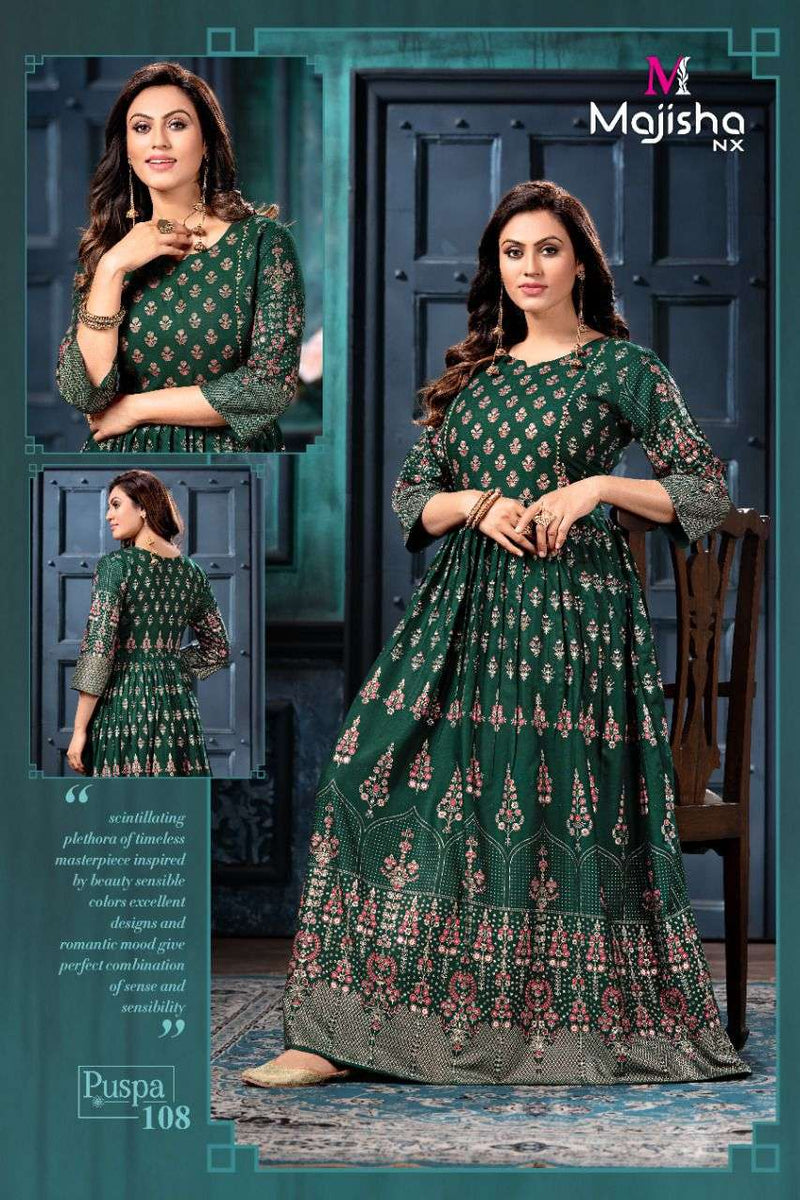 Majisha Nx Pushpa Vol 1 Rayon Fancy Stylish Long Gown Party Wear Kurtis With Royal Foil Prints