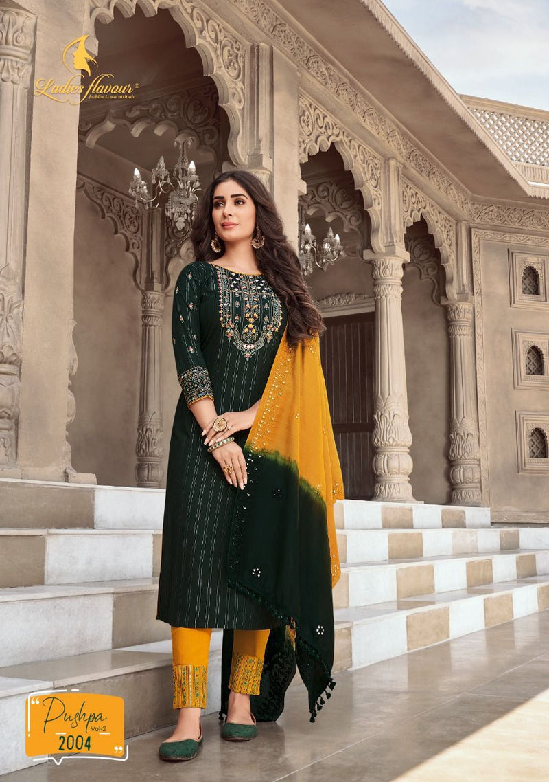 Ladies Flavour Pushpa Vol 2 Rayon Embroidered Party Wear Ready Made Salwar Suits
