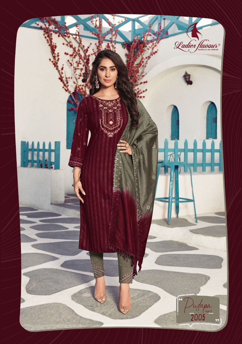 Ladies Flavour Pushpa Vol 2 Rayon Embroidered Party Wear Ready Made Salwar Suits