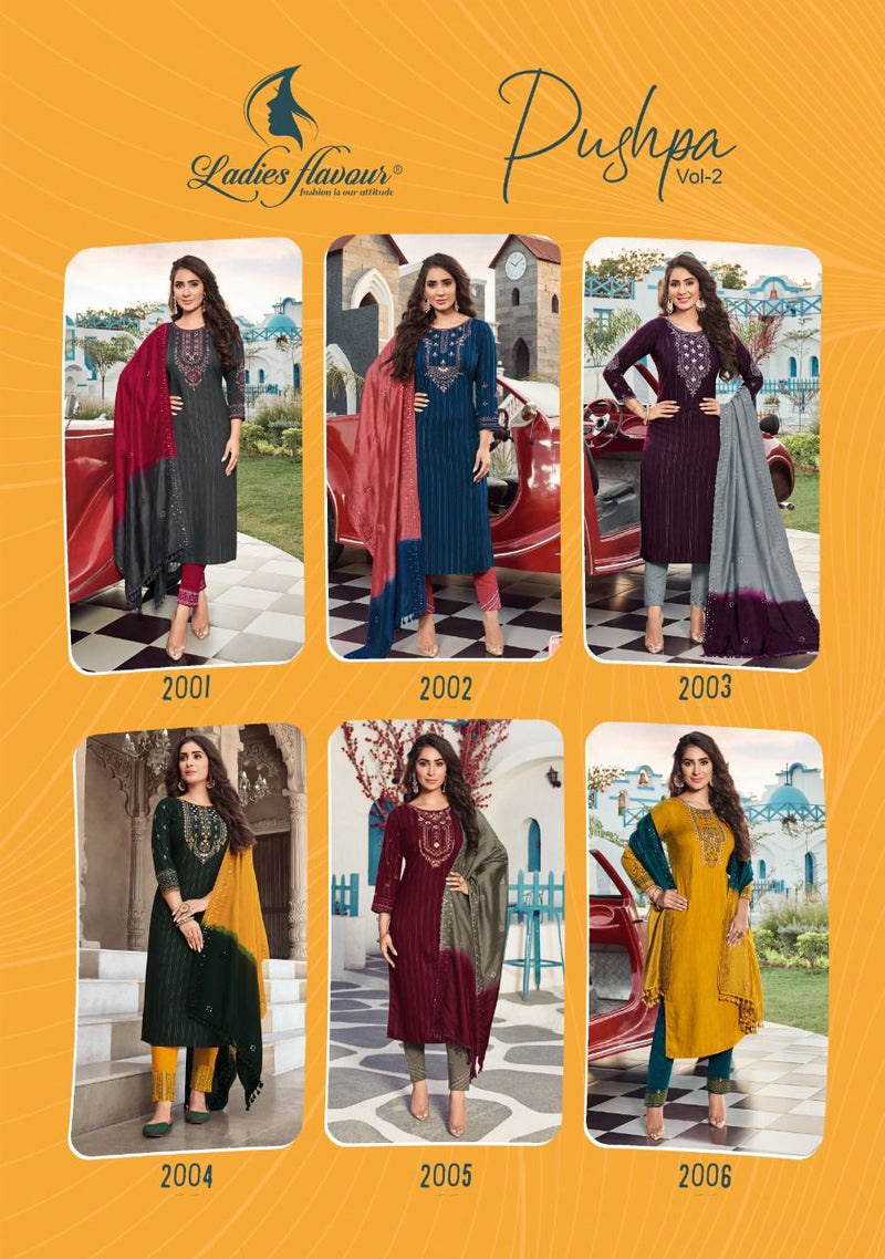 Ladies Flavour Pushpa Vol 2 Rayon Embroidered Party Wear Ready Made Salwar Suits