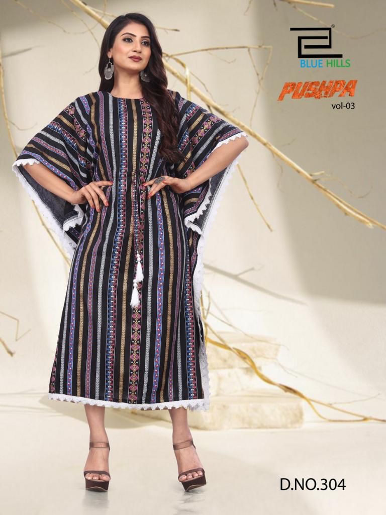 Blue Hills Pushpa Vol 3 Rayon Fancy Western Wear Kaftan Kurtis