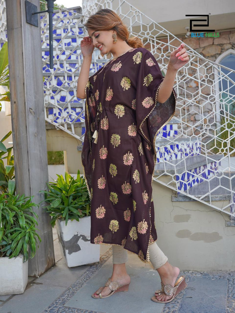 Blue Hills Pushpa Rayon Party Wear Kaftan Style Long Kurtis With Gold Print
