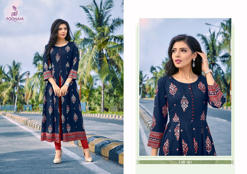 Poonam Designer Akshara Rayon Foil  Print With Center Cut kurti