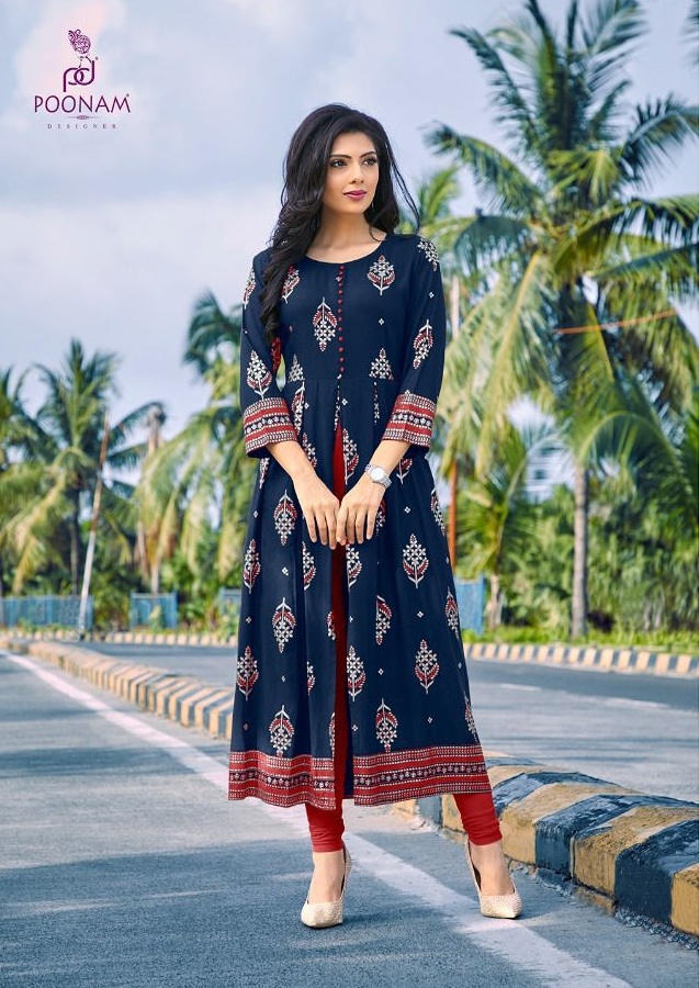 Poonam Designer Akshara Rayon Foil  Print With Center Cut kurti