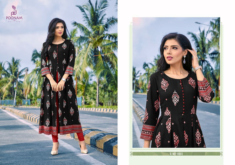 Poonam Designer Akshara Rayon Foil  Print With Center Cut kurti