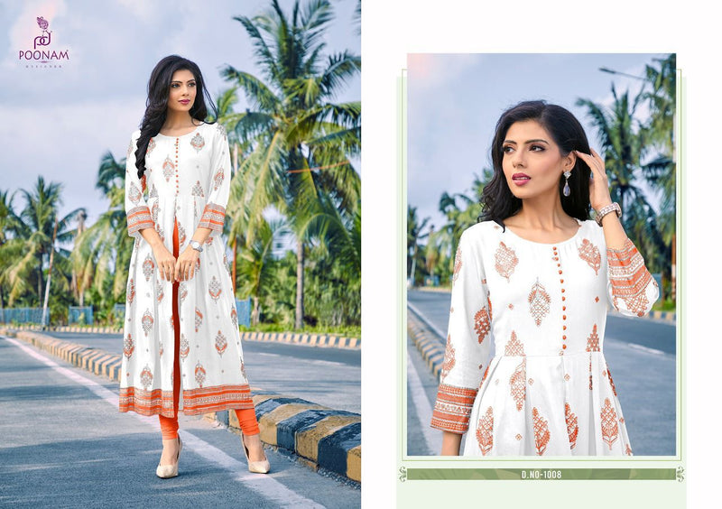 Poonam Designer Akshara Rayon Foil  Print With Center Cut kurti