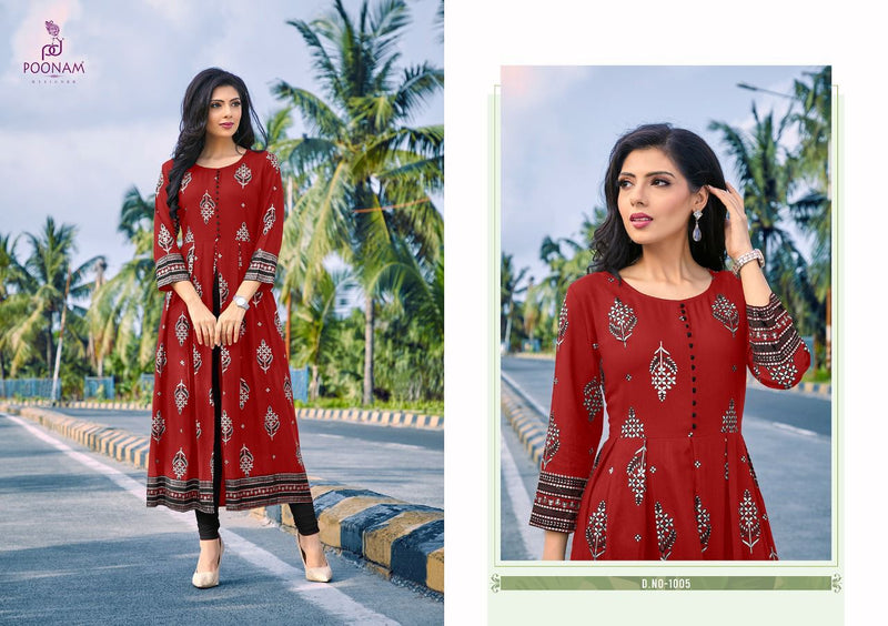 Poonam Designer Akshara Rayon Foil  Print With Center Cut kurti