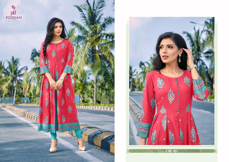 Poonam Designer Akshara Rayon Foil  Print With Center Cut kurti