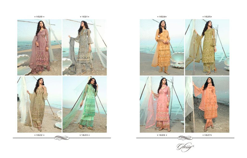 Glossy Qiana Net Designer Party Wear Embroidered Salwar Suits