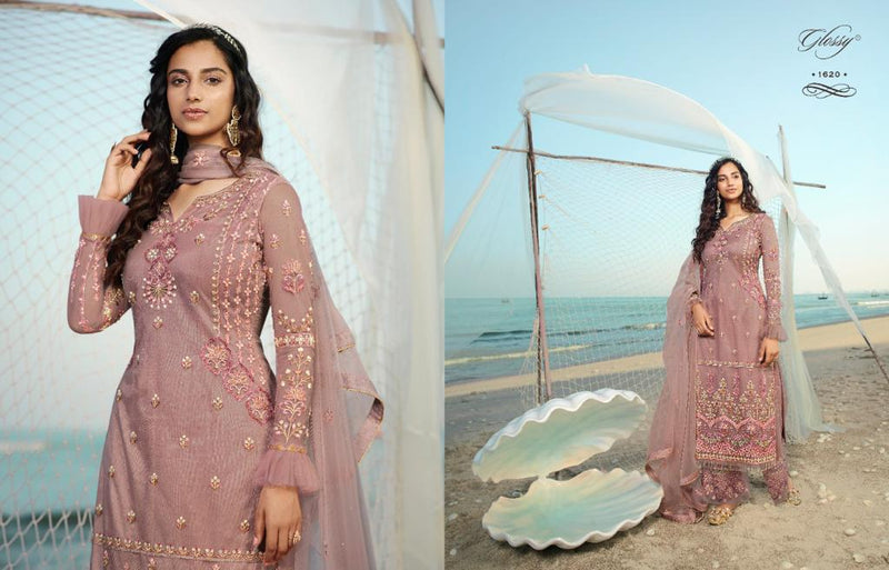 Glossy Qiana Net Designer Party Wear Embroidered Salwar Suits