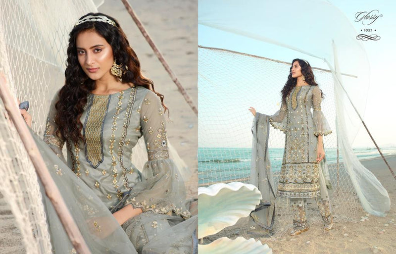 Glossy Qiana Net Designer Party Wear Embroidered Salwar Suits
