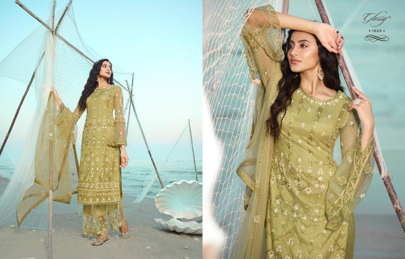 Glossy Qiana Net Designer Party Wear Embroidered Salwar Suits