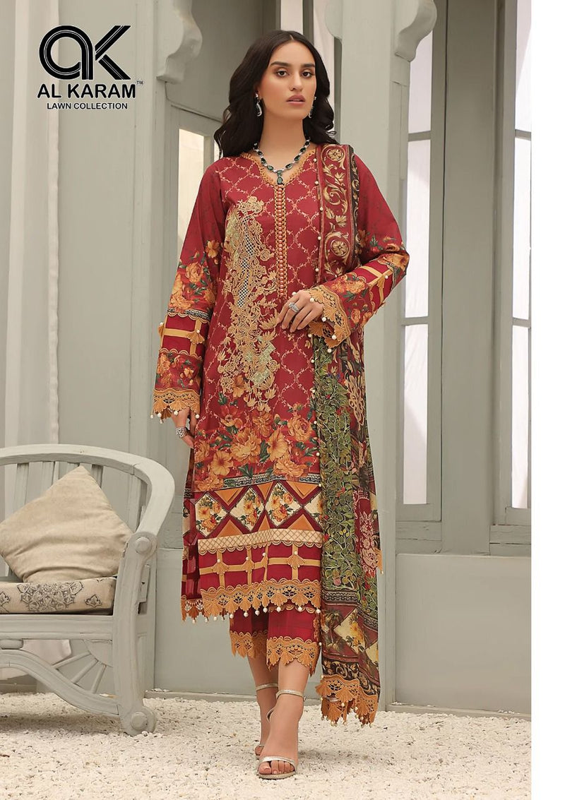 Al Karam Queens Court Cambric Cotton With Printed Work Stylish Designer Casual Look Salwar Kameez