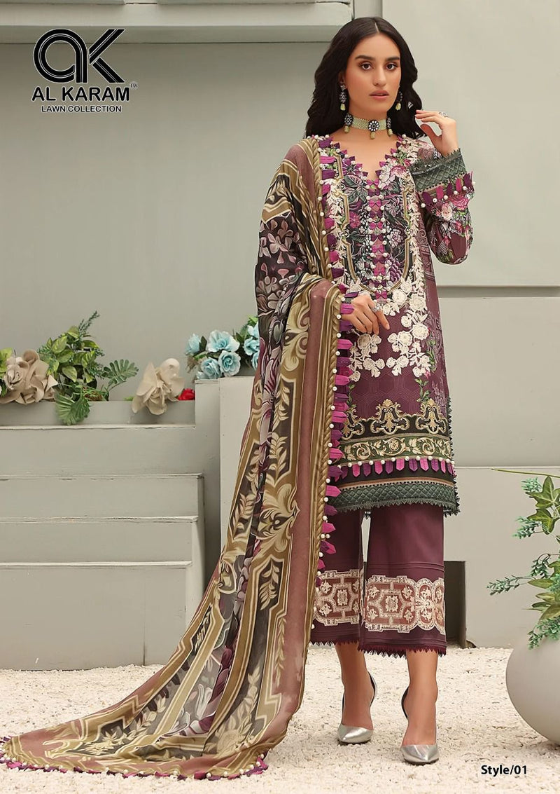 Al Karam Queens Court Cambric Cotton With Printed Work Stylish Designer Casual Look Salwar Kameez