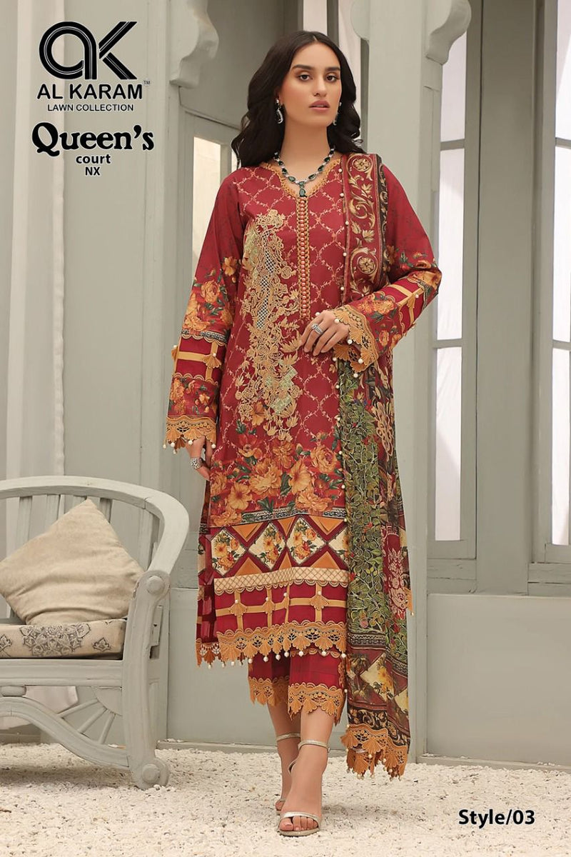 Al Karam Queens Court Nx Pure Cotton With Fancy Work Stylish Designer Pakistani Salwar Kameez