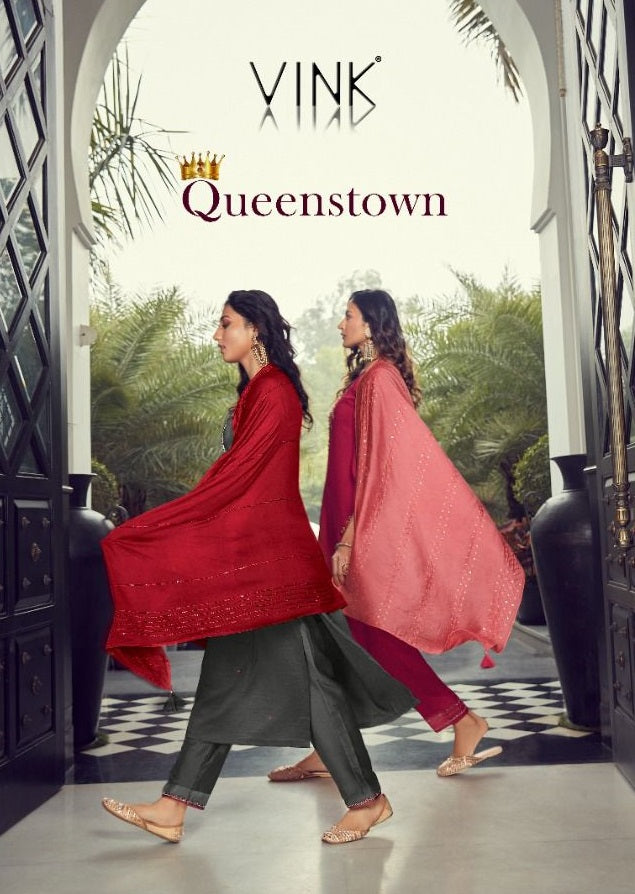 Vink Queens Town Viscose Silk Designer Embroidered Party Wear Kurtis With Bottom & Dupatta
