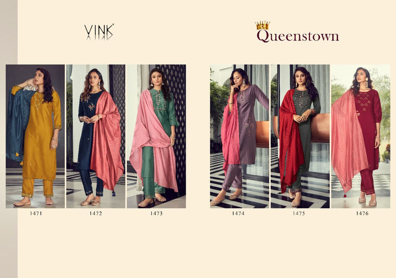Vink Queens Town Viscose Silk Designer Embroidered Party Wear Kurtis With Bottom & Dupatta