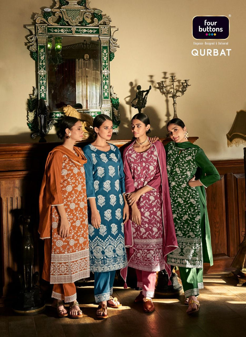 Four Buttons Qurbat Modal Silk Ready Made Designer Party Wear Suits With Heavy Embroidery