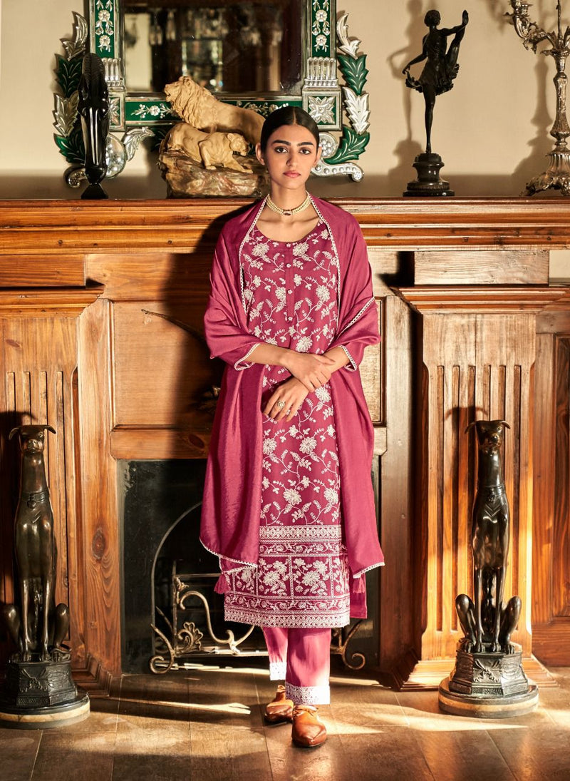 Four Buttons Qurbat Modal Silk Ready Made Designer Party Wear Suits With Heavy Embroidery