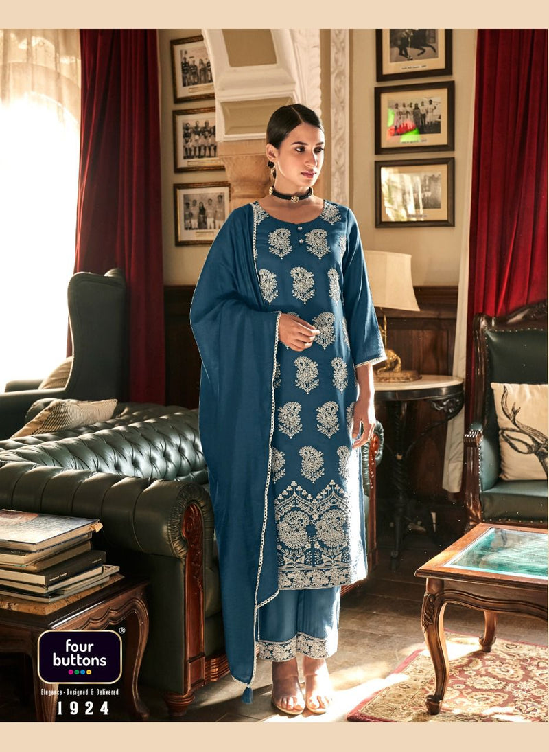 Four Buttons Qurbat Modal Silk Ready Made Designer Party Wear Suits With Heavy Embroidery
