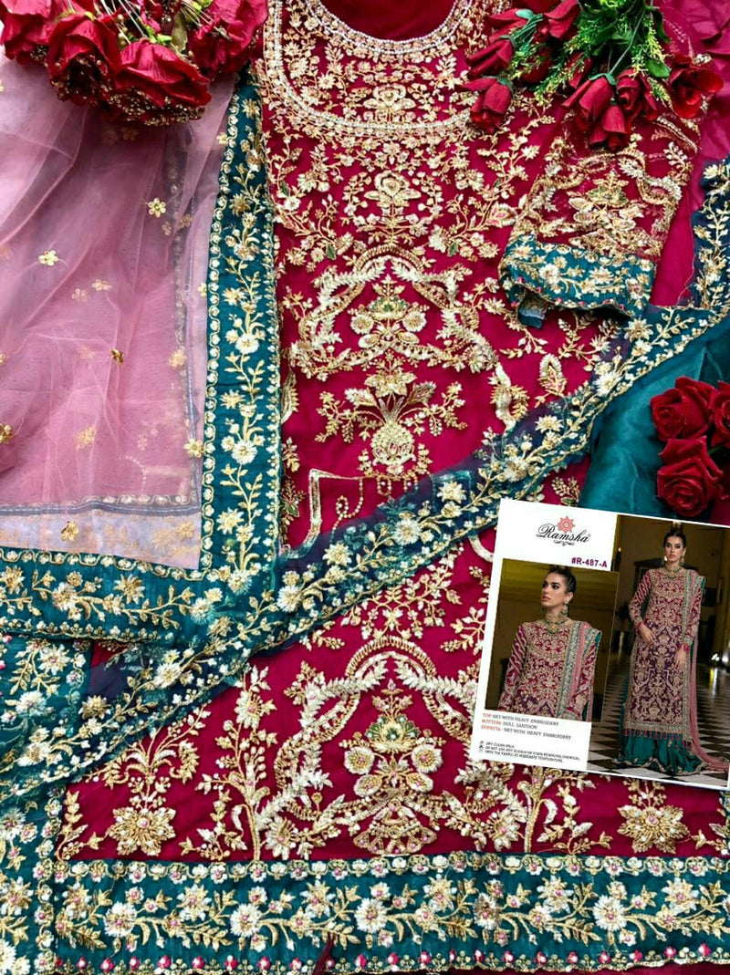 Ramsha R 487 Net With Heavy Embroidery Pakistani Style Wedding Wear Salwar Suits